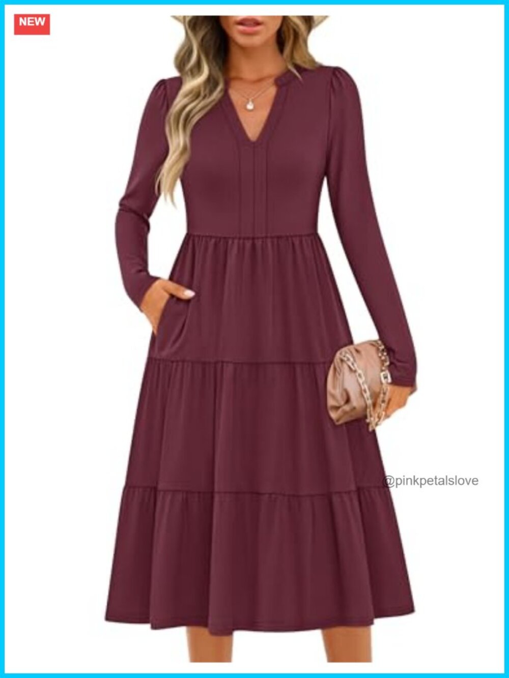 ZESICA Long Sleeve Ruffle Midi Dress V-Neck Loose Fit Fall Casual